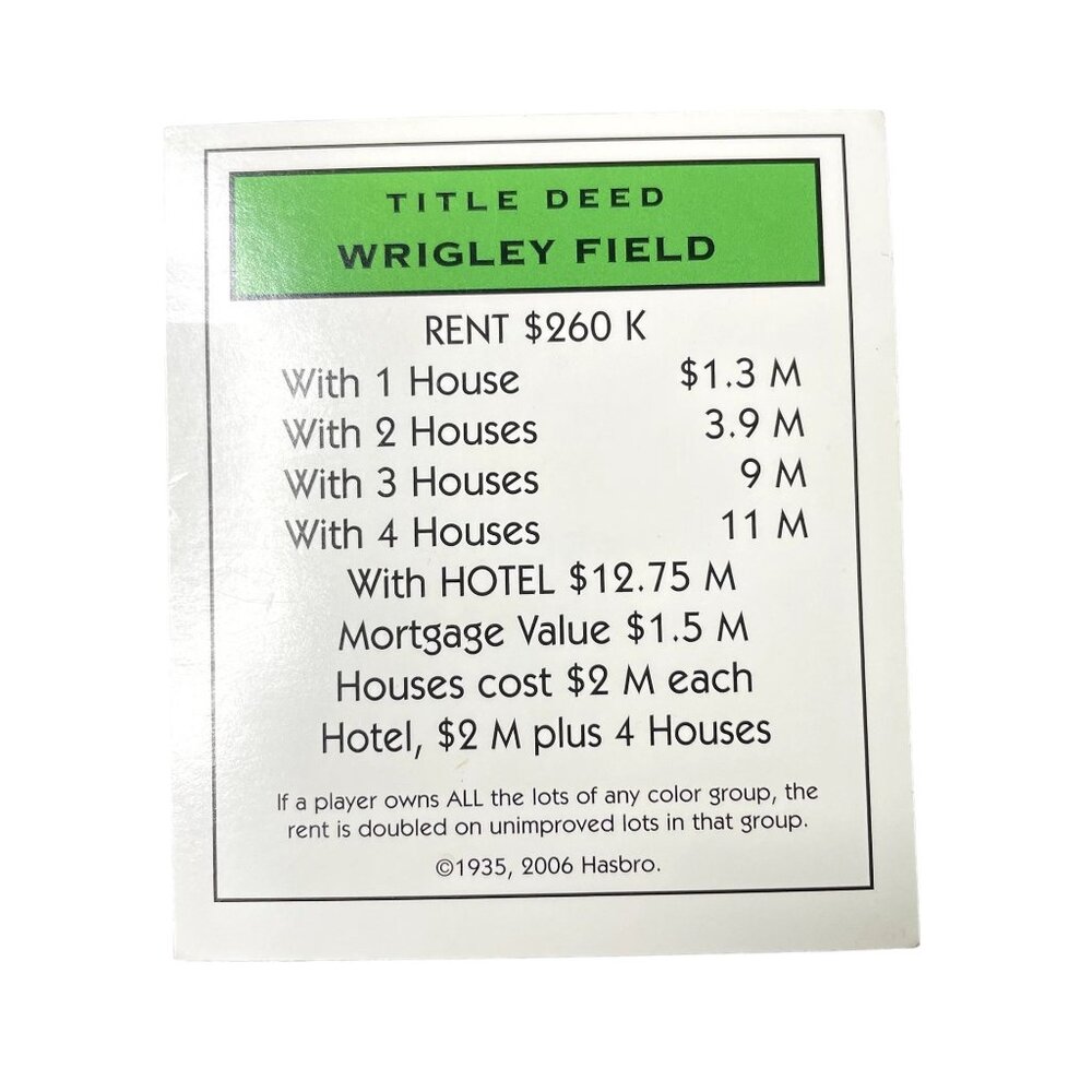 Monopoly Electronic Banking Wrigley Field Property u Title Deed Card Replacement